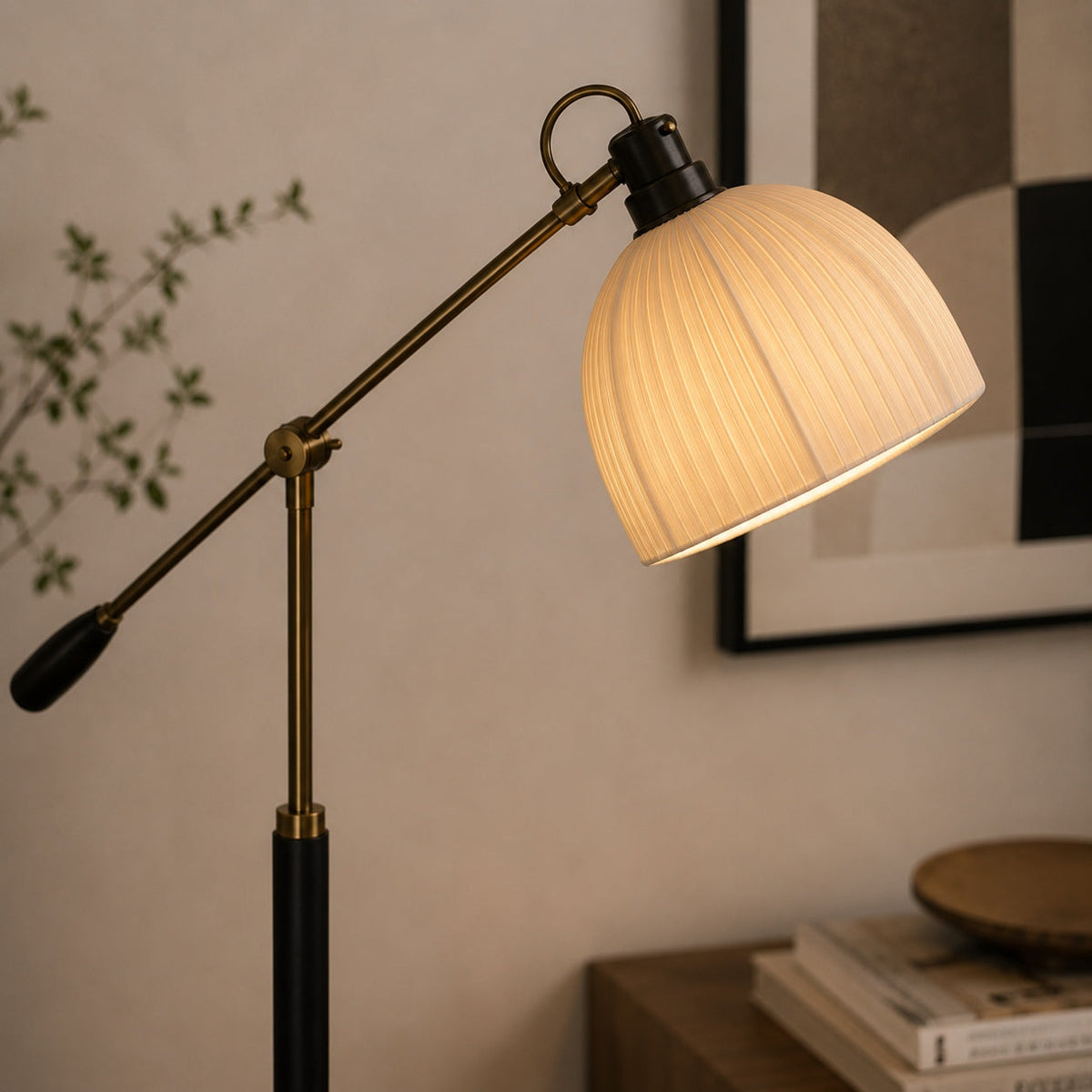 Industrial Arm Floor Lamp with Pleated Dome Shade Height Adjustable
