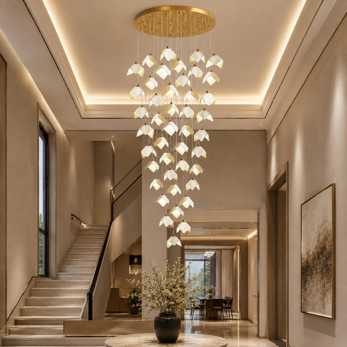 Ceramic Petal Cascade Chandelier Gold Iron Adjustable LED 7 to 64 Light