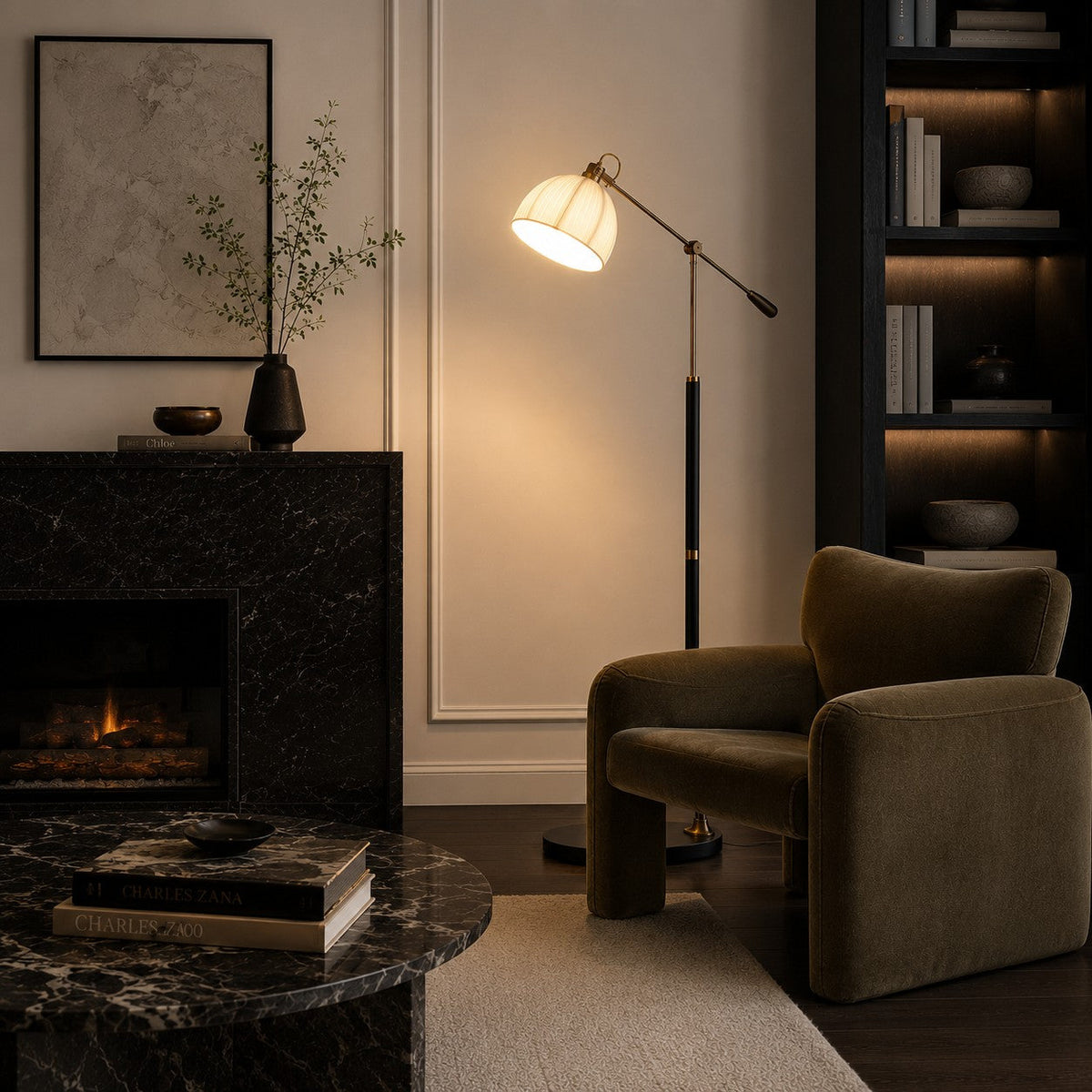 Industrial Arm Floor Lamp with Pleated Dome Shade Height Adjustable