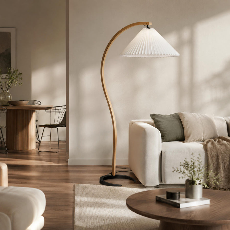 Beech Wood Curved Floor Lamp with Linen Shade & Cast Iron Base E27 Mid-Century