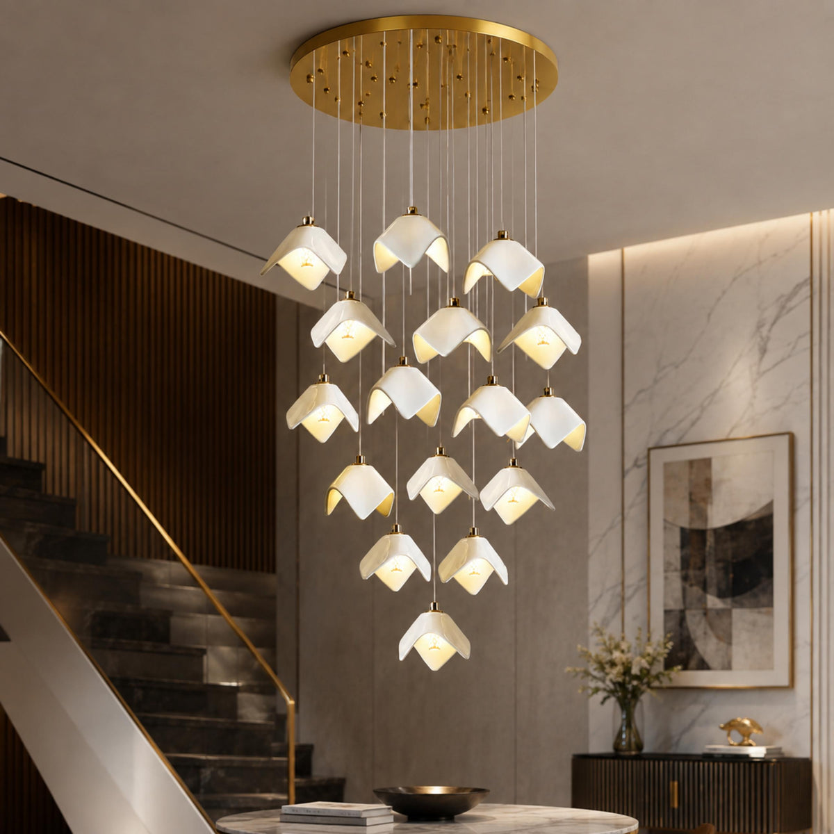 Ceramic Petal Cascade Chandelier Gold Iron Adjustable LED 7 to 64 Light