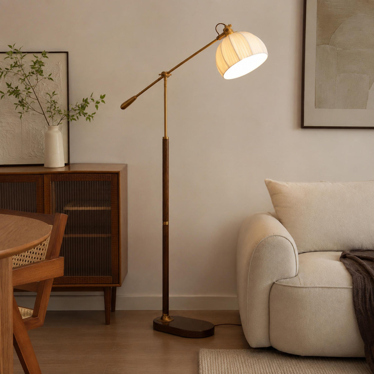 Industrial Arm Floor Lamp with Pleated Dome Shade Height Adjustable