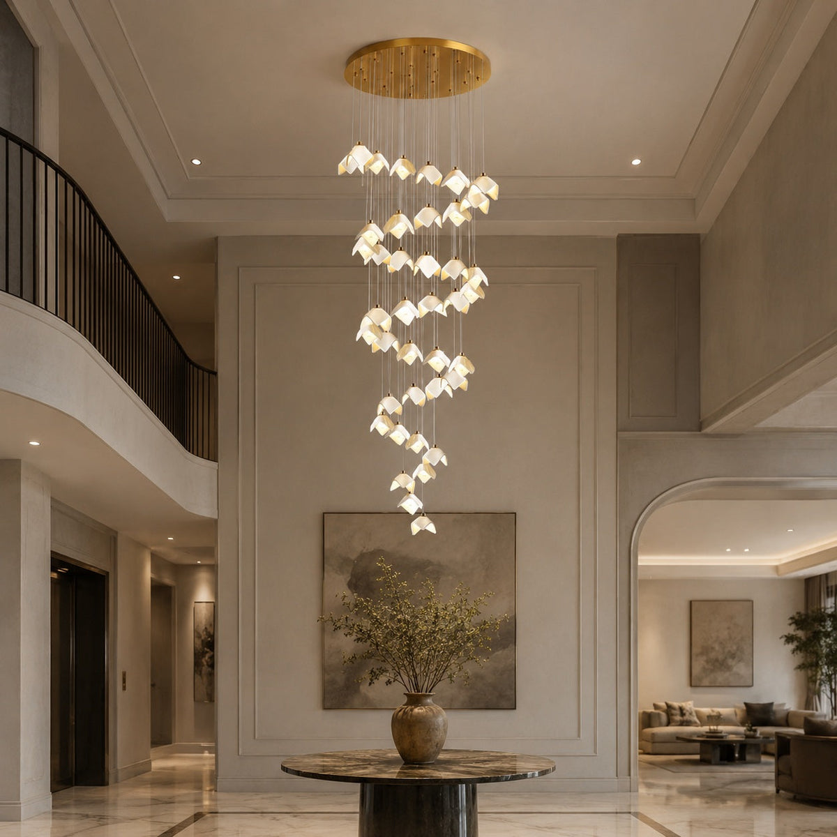Ceramic Petal Cascade Chandelier Gold Iron Adjustable LED 7 to 64 Light