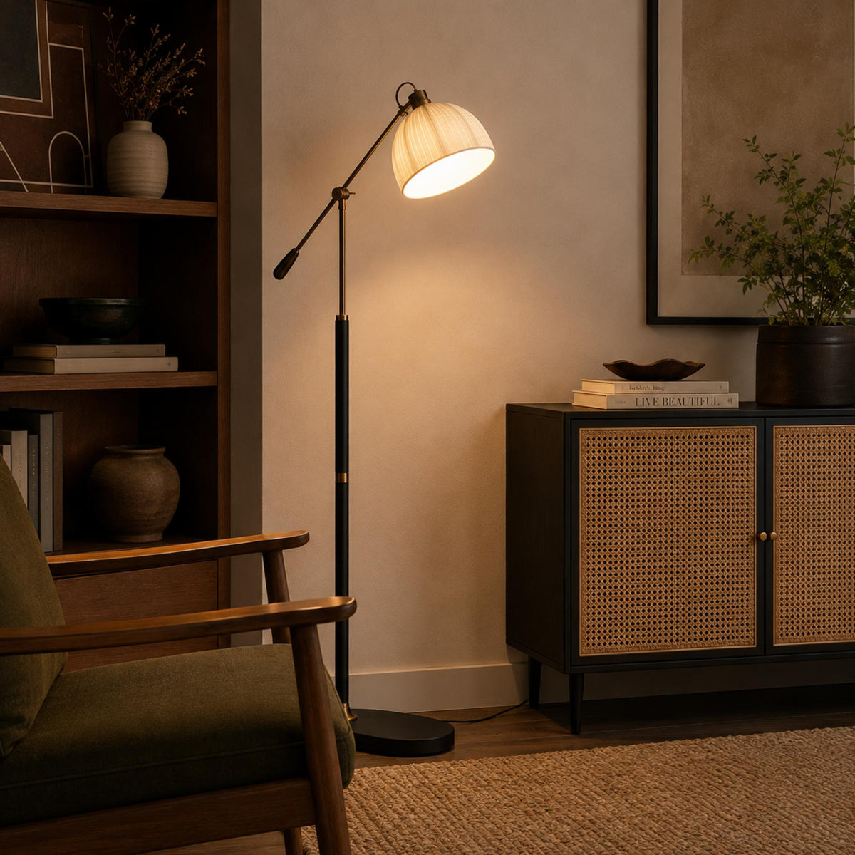 Industrial Arm Floor Lamp with Pleated Dome Shade Height Adjustable