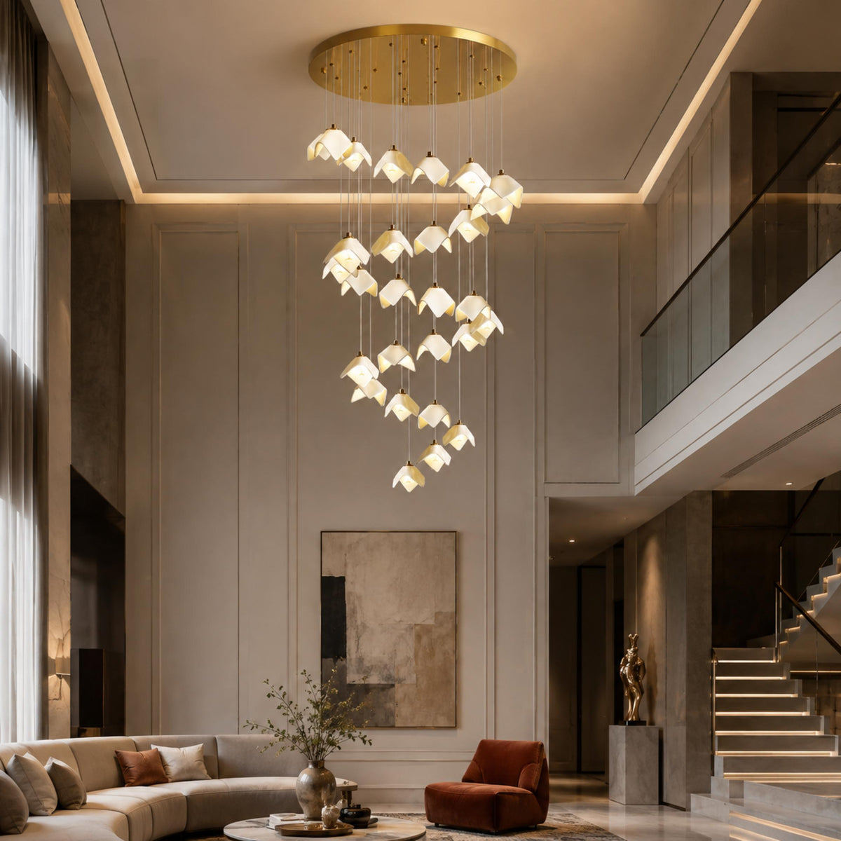 Ceramic Petal Cascade Chandelier Gold Iron Adjustable LED 7 to 64 Light