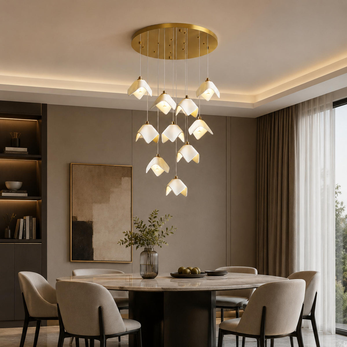 Ceramic Petal Cascade Chandelier Gold Iron Adjustable LED 7 to 64 Light