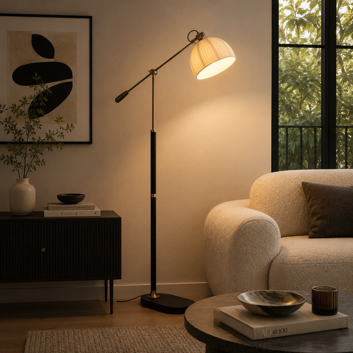 Industrial Arm Floor Lamp with Pleated Dome Shade Height Adjustable