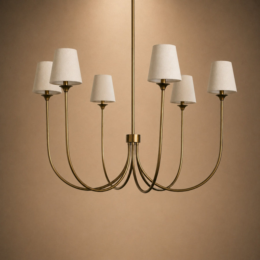 Off-White Shade Round Chandelier in Brass or Bronze 106 to 173 cm for Dining