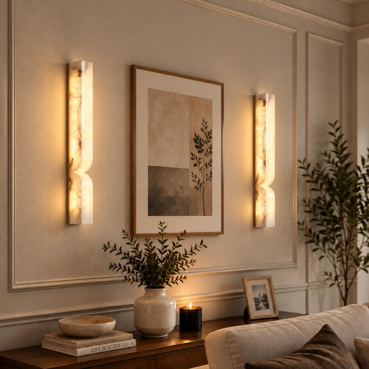 Carved Alabaster Pinched LED Wall Sconce 35 60 or 90 cm Gold Black or Nickel